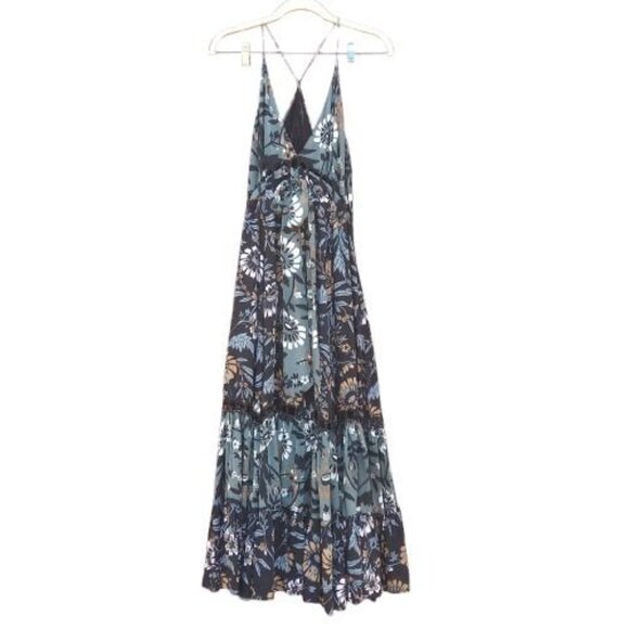 FREE PEOPLE | Pages Of Gold Dark Floral Tiered Maxi Or Midi Dress Boho Flowy M - Picture 3 of 14